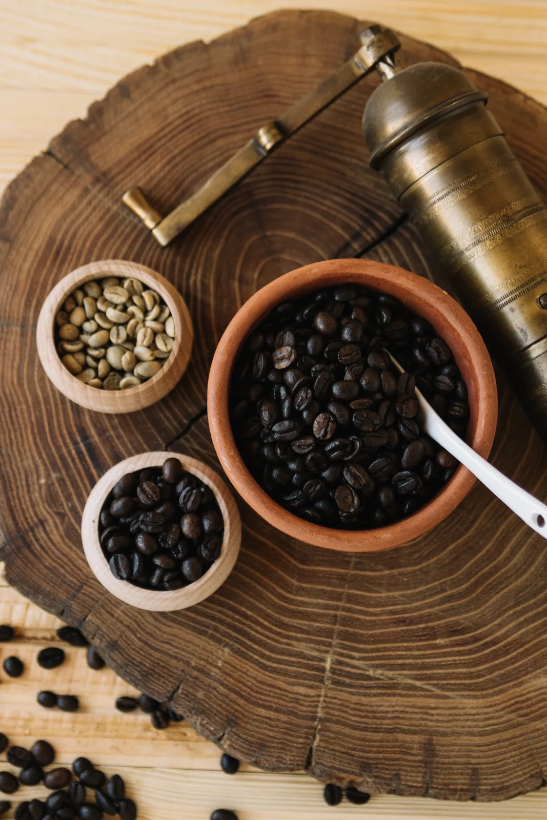 Green and roasted coffee beans in bowls beside a grinder
