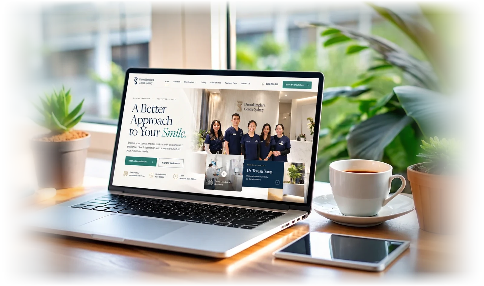 working desk hero (dental implant site on laptop, soft edges)