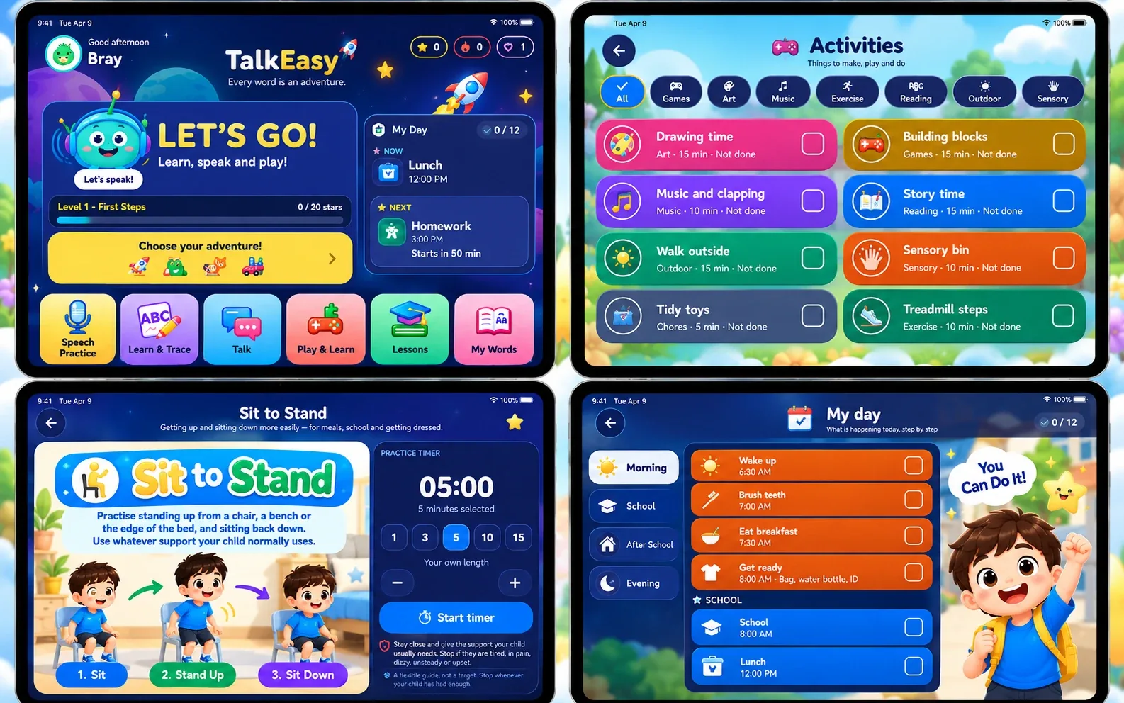 Four TalkEasy app screens: Home, Activities, Sit to Stand, and My Day