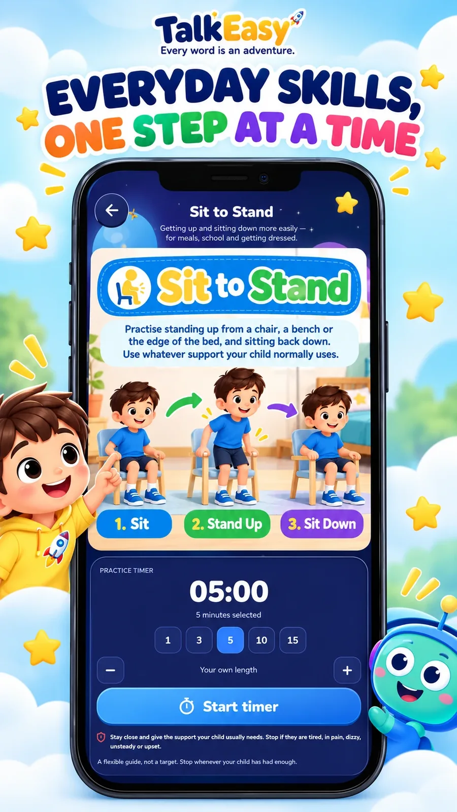 TalkEasy Sit to Stand practice screen, a step-by-step everyday skills exercise with a practice timer