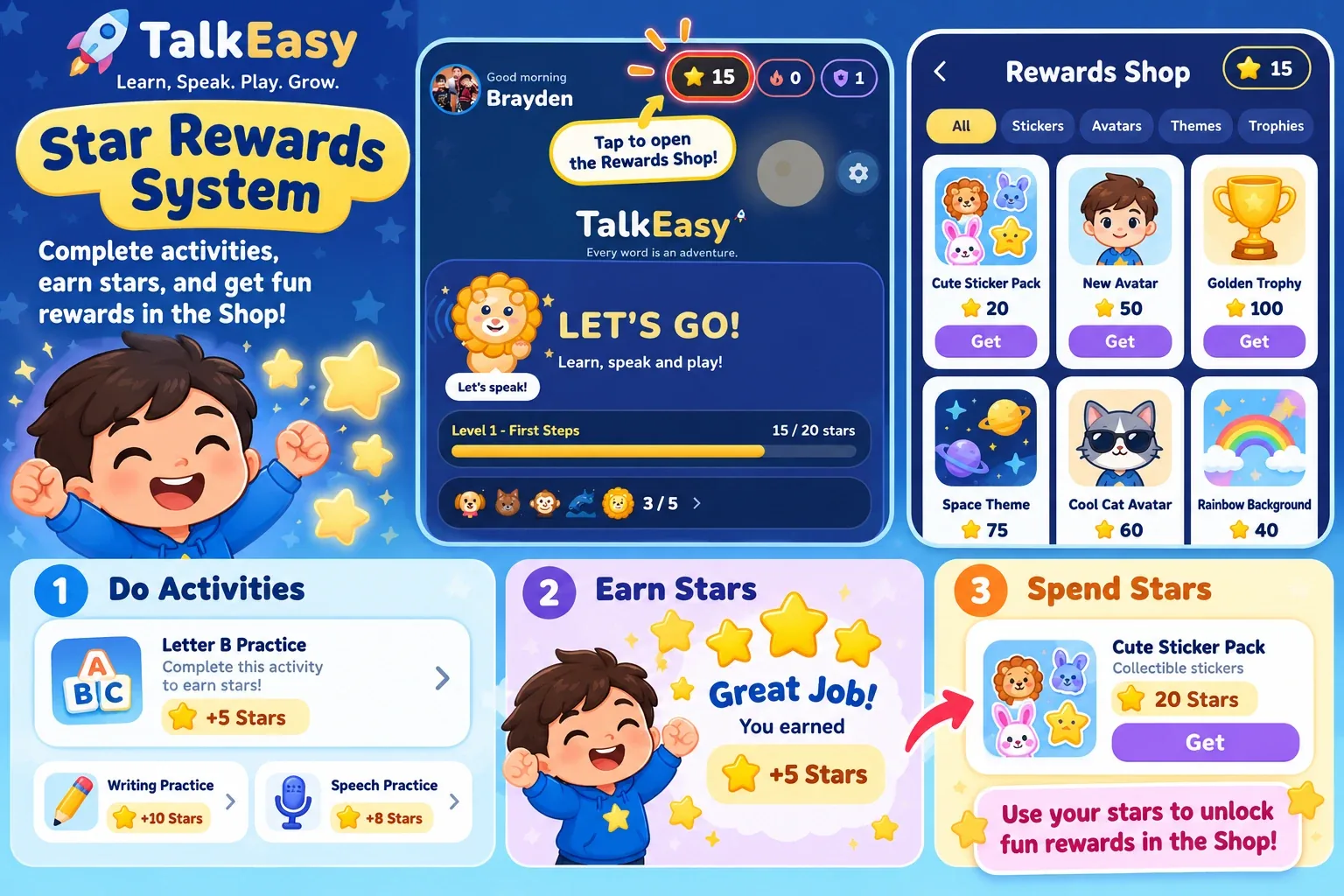 TalkEasy Star Rewards System: earn stars by completing activities and redeem them in the Rewards Shop